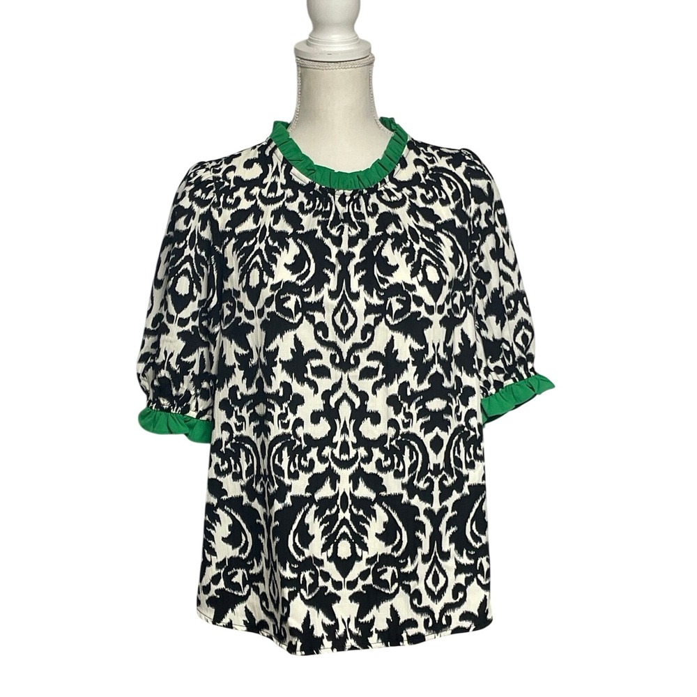 VOY Black White Floral Green Ruffle Neckline Blouse Women's Small